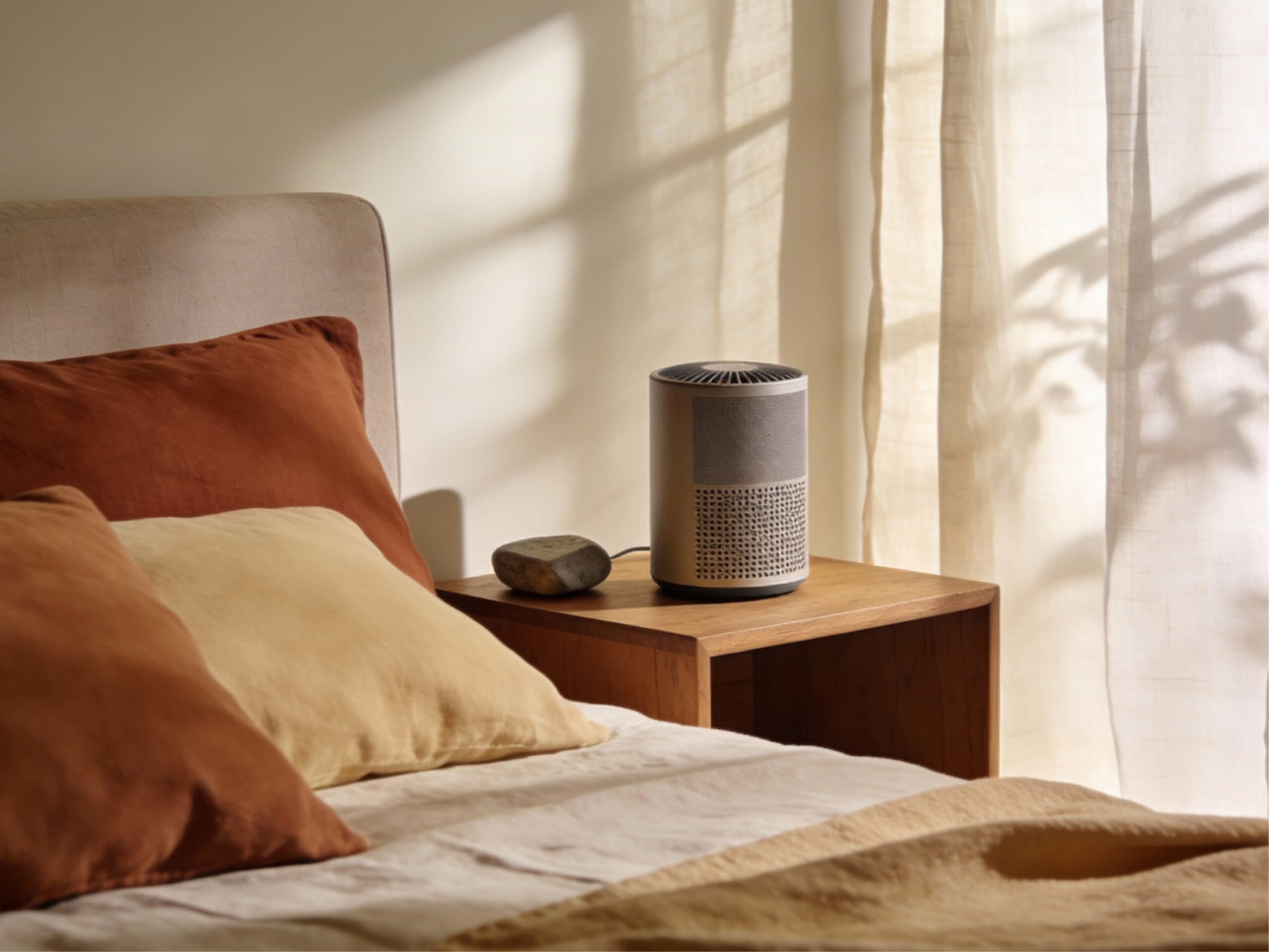A speaker on a nightstand next to a bed